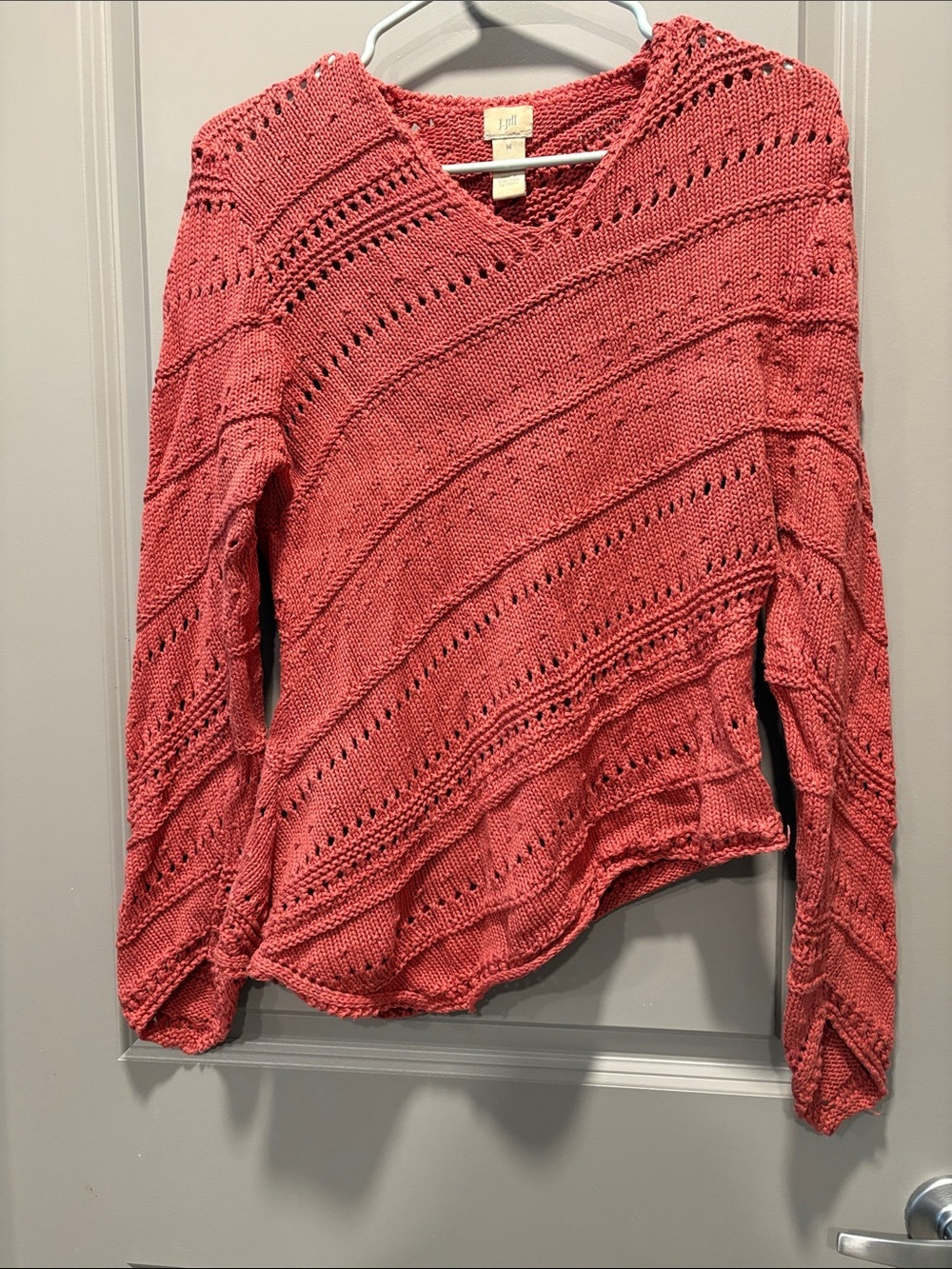 J. Jill Linen Cotton Coral V Neck Sweater Medium Asymmetrical Open Knit Lightwei